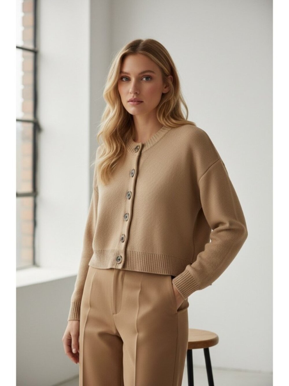 Quince Organic Cotton Cropped Cardigan Sweater Camel Tan Button Front Size Small